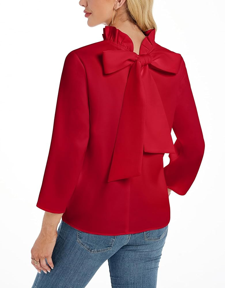 Kedera Women's Ruffle Mock Neck Blouses Top 3/4 Sleeves Elegant Shirt Bow Top with Pockets | Amazon (US)