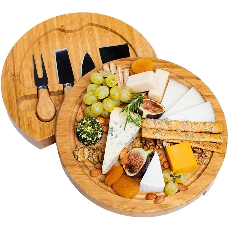 Bamboo Cheese Board with Knife Set – Round Charcuterie Board, Serving Tray, Platter, Wood Chees... | Walmart (US)