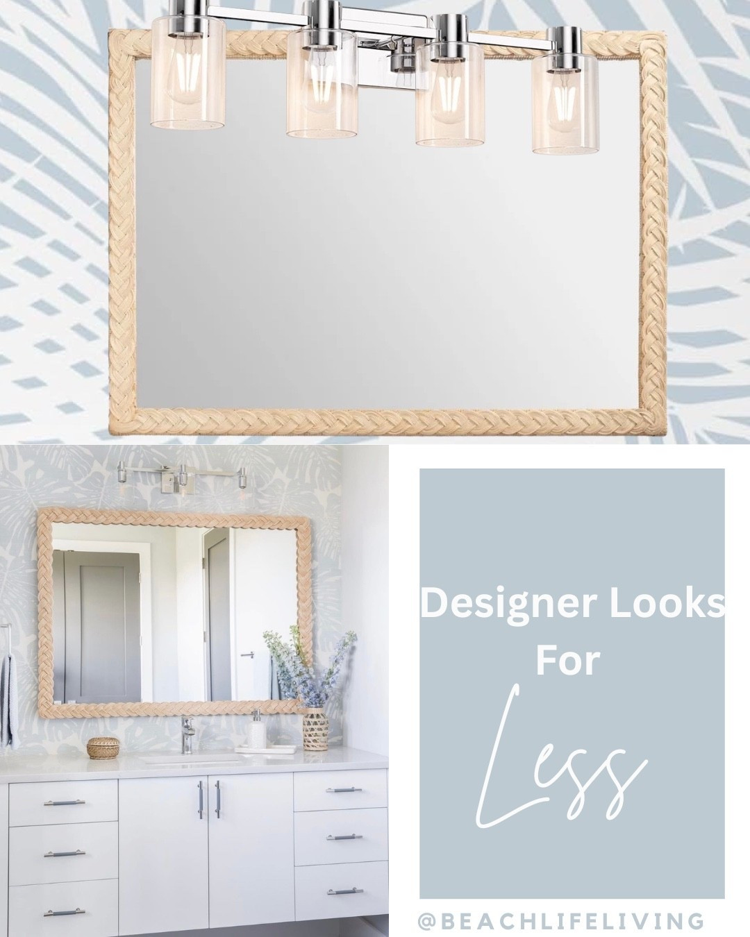 Designer Looks for Less 
Bathroom rattan mirror
Coastal Palm Wallpaper 

#LTKSpringSale #LTKHome #LTKmomlife
