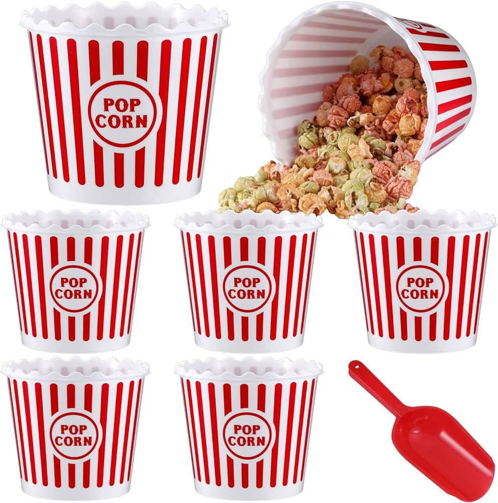 Roshtia 6 Pieces Plastic Popcorn Containers Reusable 75 oz Popcorn Bowl with Popcorn Scoop Retro ... | Amazon (US)