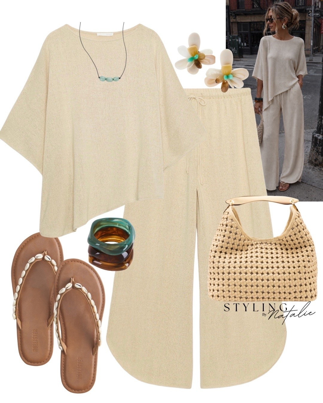 New in co ord set- Asymmetric hem relaxed with matching drawstring trousers with vents. Flower resin earrings, sea shell flip flops, top handle bag and bangles.
Comfy casual, zara, matching set, everyday outfit, travel look, summer outfit, comfortable, summer trend, high street

#LTKsummer #LTKuk #LTKmidsize