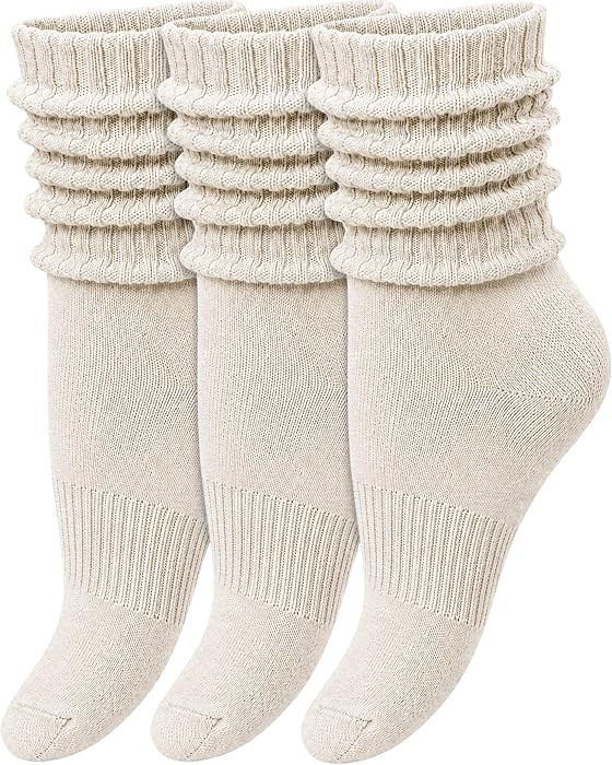 Winterlace Womens Slouch Socks, 3 Pairs Cotton Scrunch Ribbed Crew Socks Soft Retro 80s Slouchy Calf Boot Sock | Amazon (US)