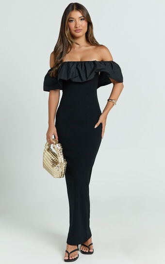Carol Maxi Dress - Off Shoulder Frill Neckline Dress in Black | Showpo (US, UK & Europe)