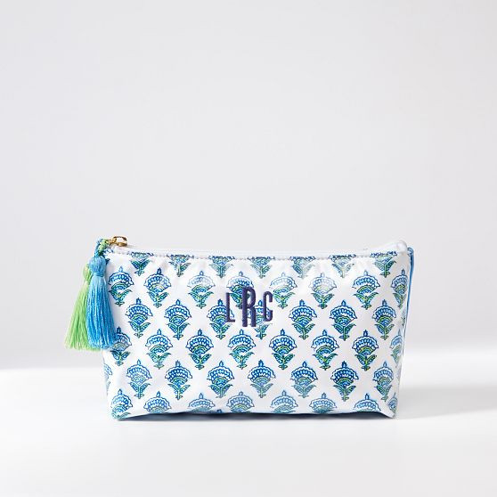 Clear Coated Travel Pouch, Small, Blue-Green Block Print | Mark and Graham