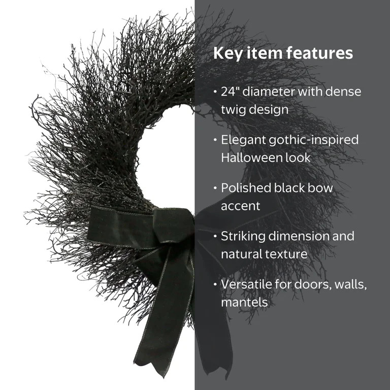 My Texas House Halloween Black Twig Wreath with Bow, 24" | Walmart (US)