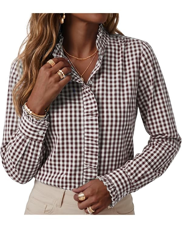 ONLYSTORY Womens Ruffle Collar Button Down Shirts Puff Long Sleeve Blouse | Amazon (US)