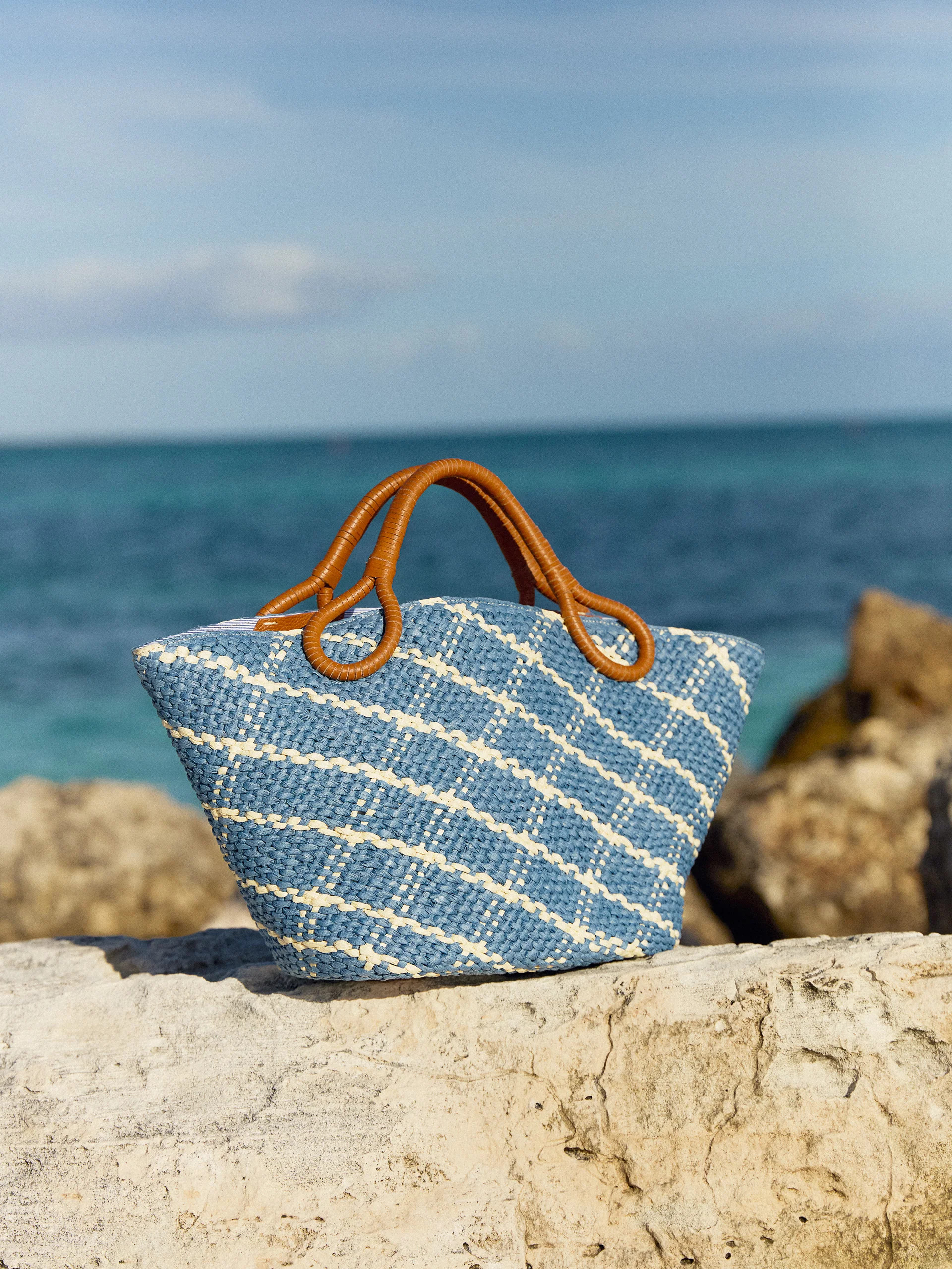 Blue/Off_White Raffia Jacquard Georgica Tote | Women's Handbags | J.McLaughlin | J.McLaughlin