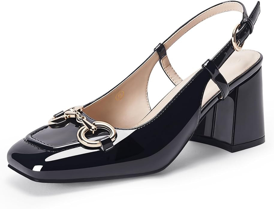 Womens Slingback Block Heels Closed Square Toe Dress Work Shoes Slip on Buckle Strap Business Pum... | Amazon (US)