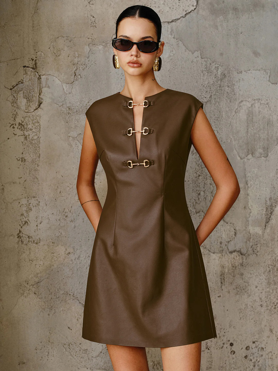PU Leather Metal Buckle Sleeveless Mini Dress | Commense