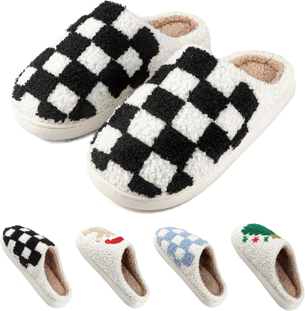 Checkered Slippers for Women,Casual Soft Fuzzy Bedroom Slippers,Christmas Slippers Outdoor Indoor... | Amazon (US)