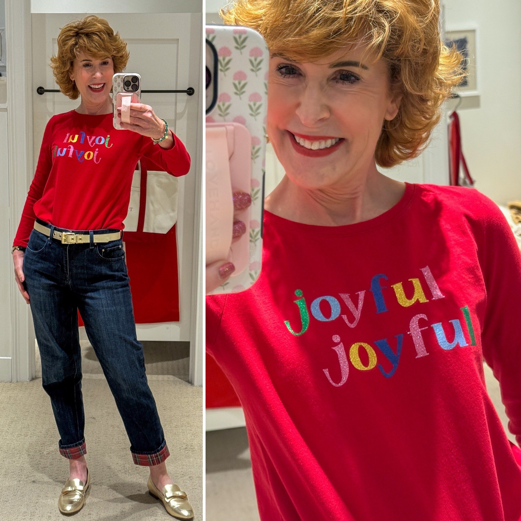I love the affordable line of festivI love the affordable line of festive tees that Talbots releases every Christmas, and of course, I had to get the one that says "joyful!" I paired it with a pair of jeans with a flannel cuff in Christmas plaid. My pair is from last year, but I found a similar pair for you in an updated style! Gold accessories made it festive! Everything but the jeans is 40% off!

#LTKHoliday #LTKSaleAlert #LTKSeasonal
