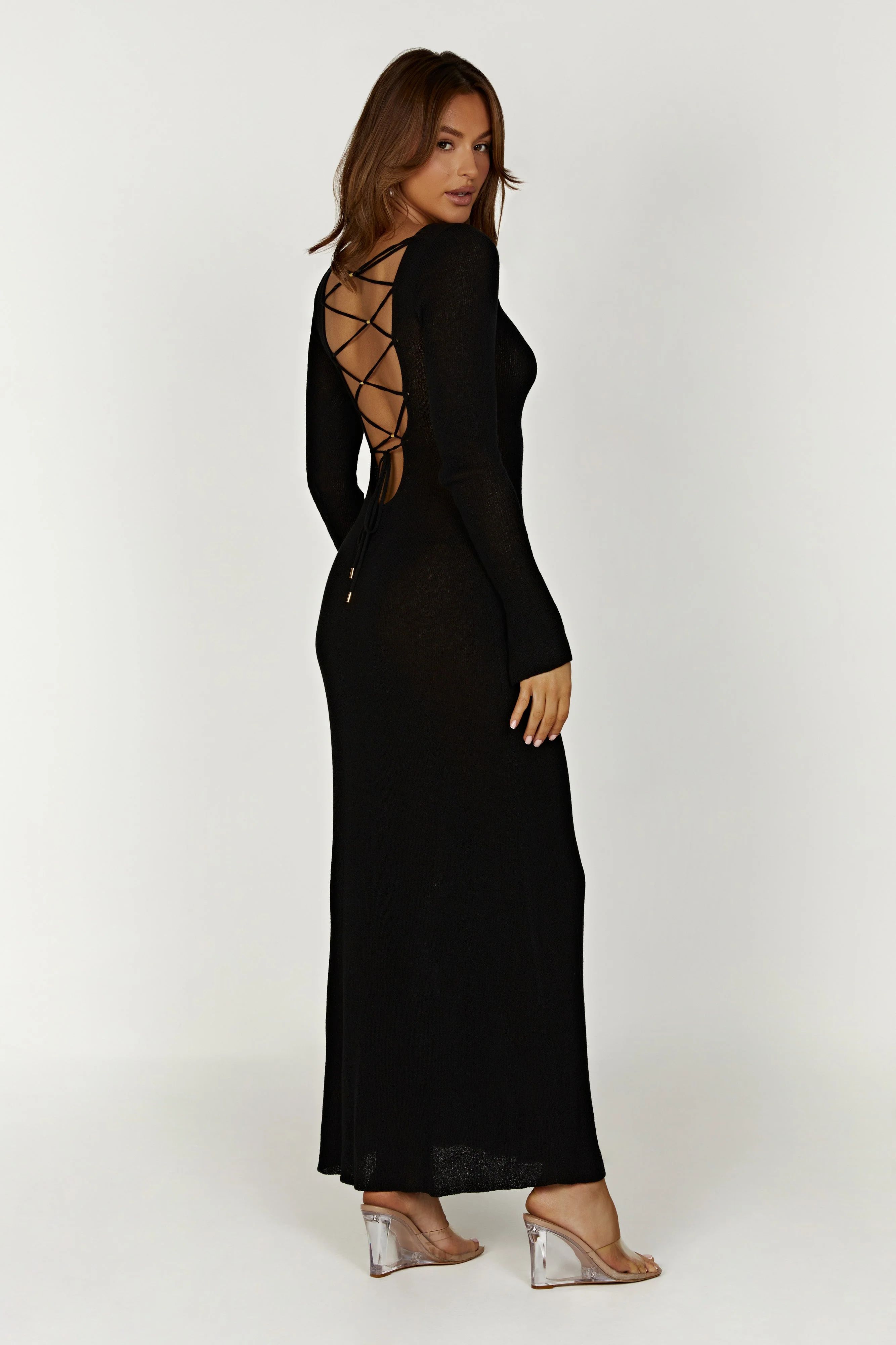Talia Maxi Open Back Knit Dress - Black | MESHKI US