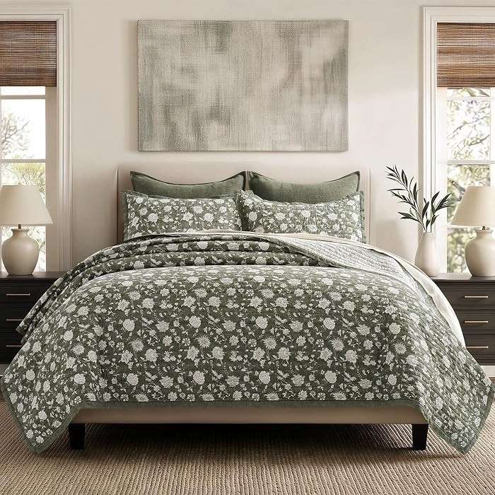 100% Cotton Floral Quilt Set, King Size, Sage Green 108"\u00d796" | Amazon (US)
