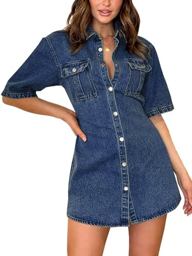 Fisoew Women’s Button Down Denim Dress Summer Casual Short Sleeve Collared Jean Mini Dress Navy | Amazon (US)