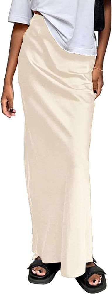 Women's Satin Silky High Waist Maxi Skirt Elegant Elastic Waistband A Line Long Skirts | Amazon (US)