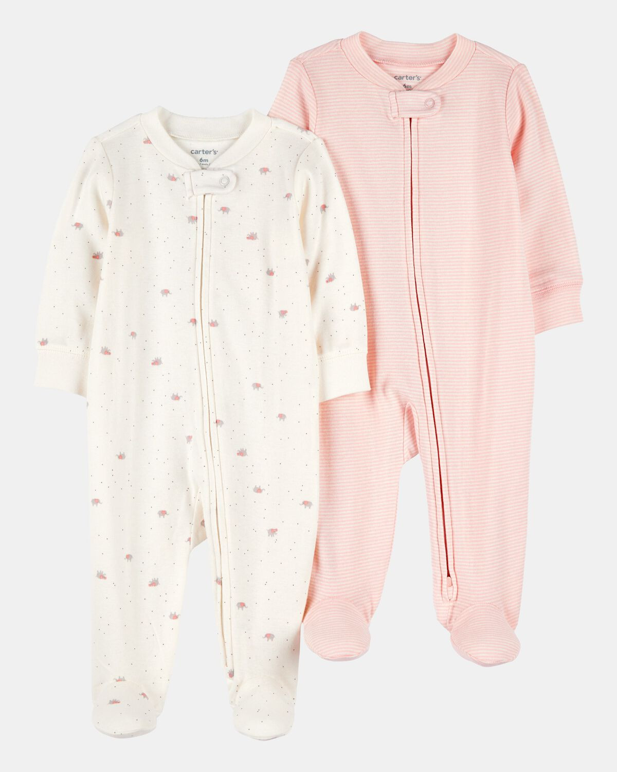 Baby Girl 2-Pack 2-Way Zip Cotton Sleep & Play Pajamas - White/Pink | Carter's Inc