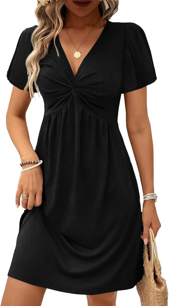 Acelitt Womens Casual Summer Twist Front V Neck Short Sleeve Mini Dress, S-XXL | Amazon (US)