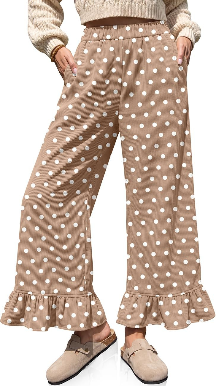 TARSE Women's Corduroy Pants Polka Dots Ruffle Hem Wide Leg Flared Pants | Amazon (US)