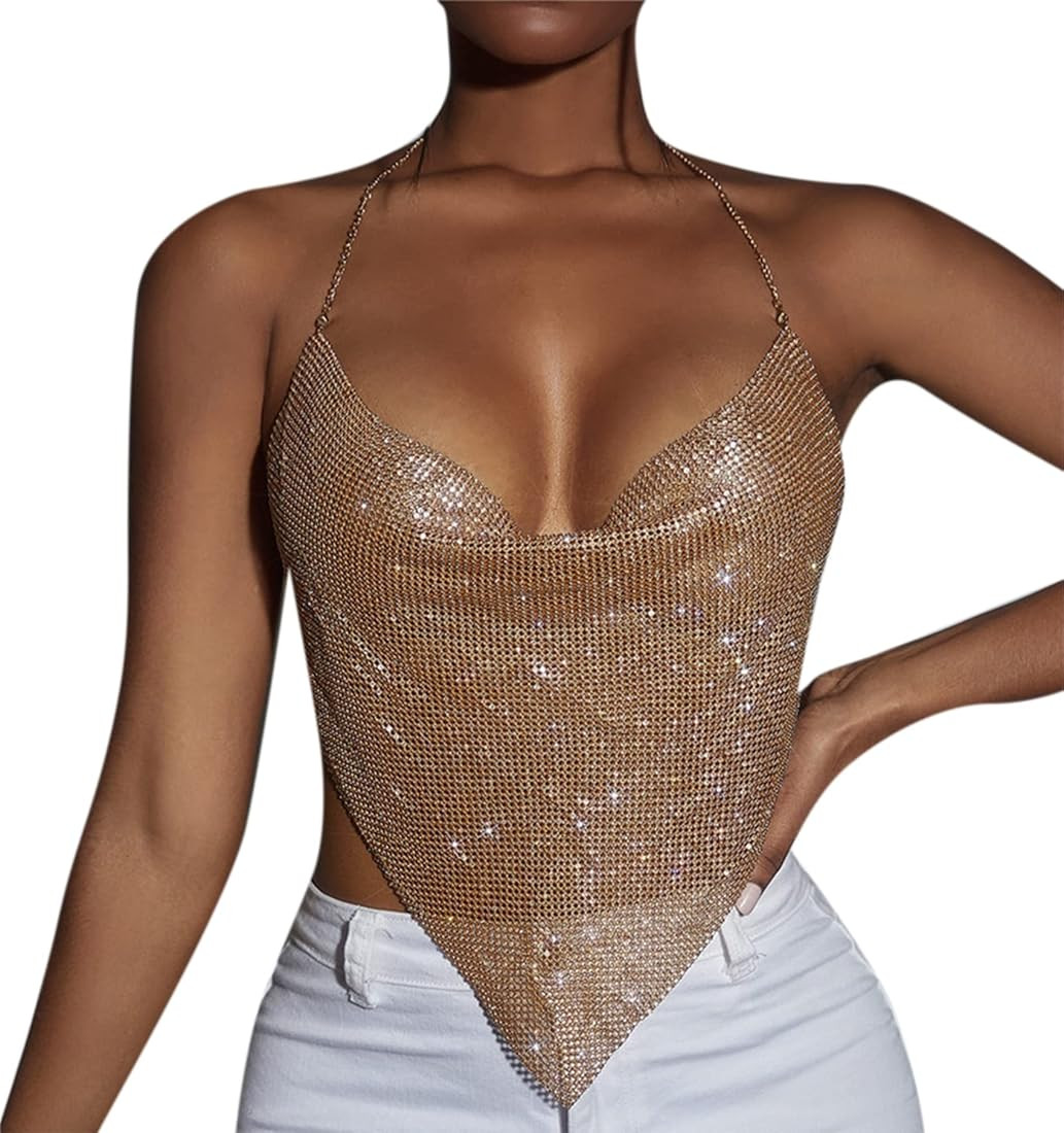 RARITYUS Women Sexy Shiny Rhinestone Tank Top Deep V Neck Chain Crop Top Shirt for Night Club Par... | Amazon (US)