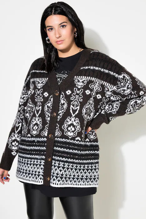 Mixed Pattern Oversized Knit Cardigan | Ulla Popken - US