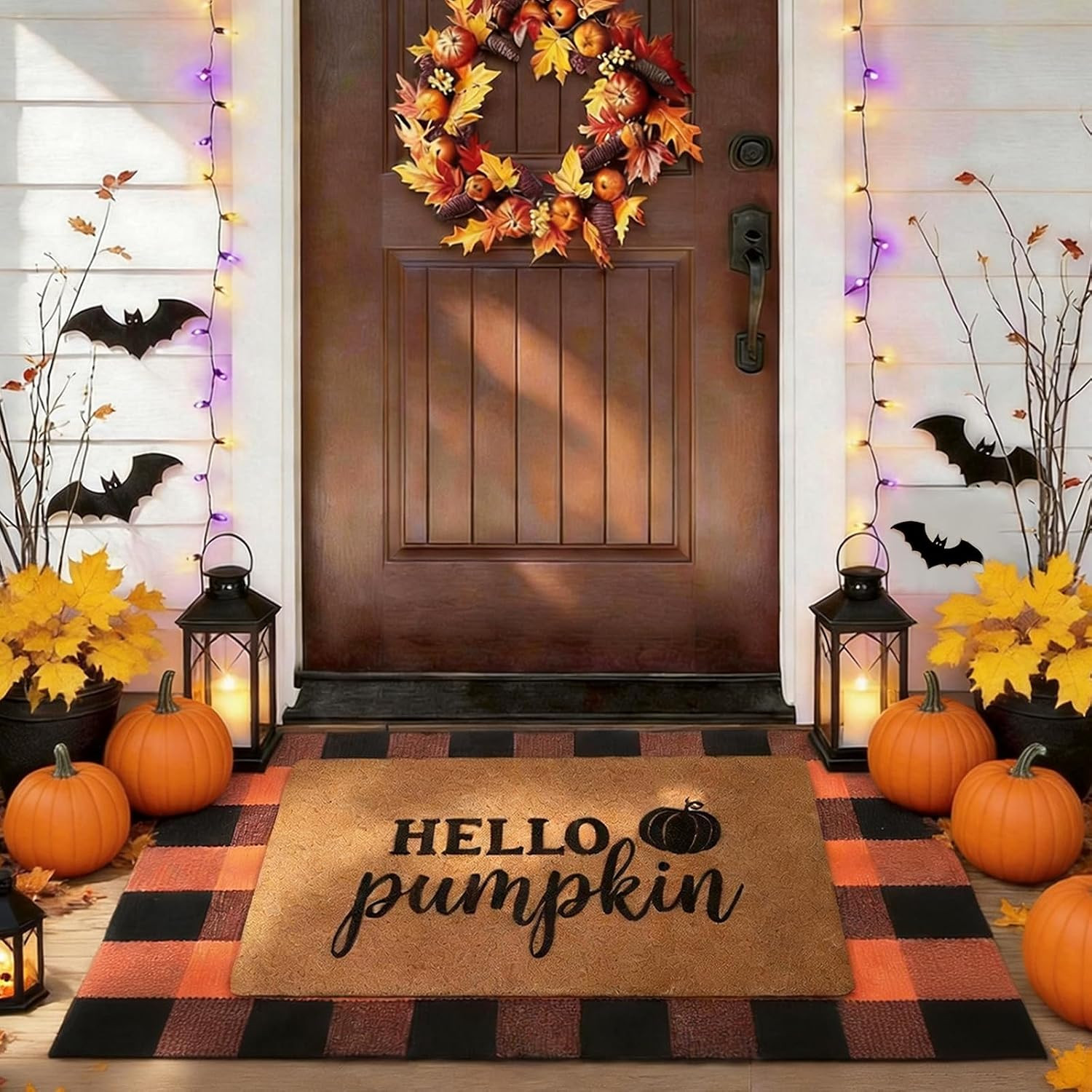 2 Pack Halloween Door Mat Set, Pumpkin Coir Mat & Orange Black Plaid Mat | Amazon (US)