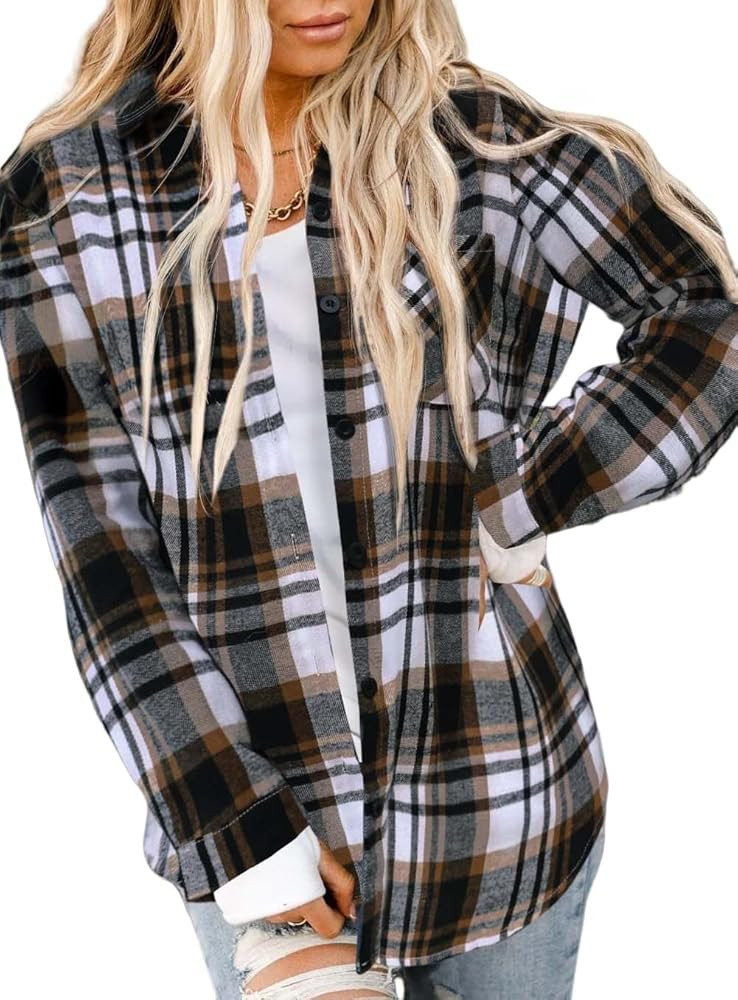Asiertiy Womens Buffalo Plaid Flannel Shirt Long Sleeve Collar Button Down Blouses Lightweight To... | Amazon (US)