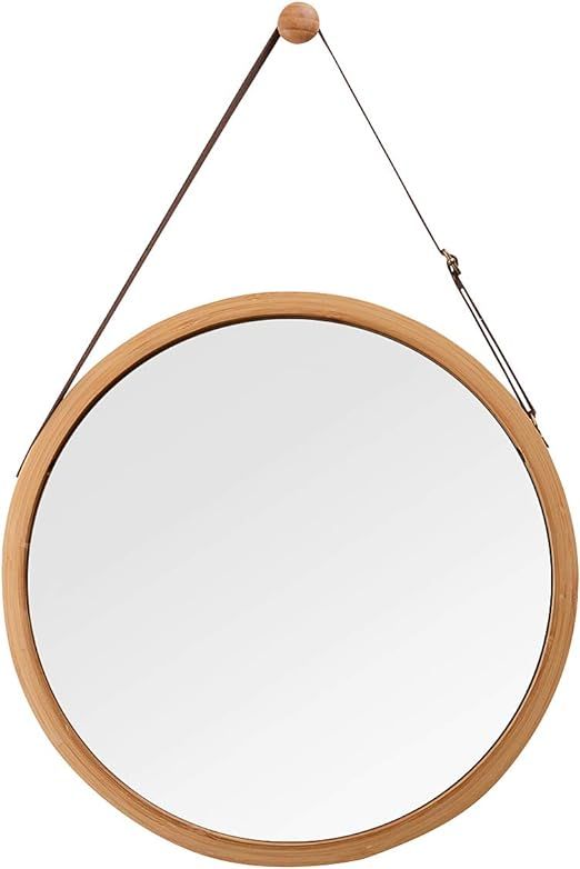 Hanging Round Wall Mirror in Bathroom & Bedroom - Solid Bamboo Frame & Adjustable Leather Strap, ... | Amazon (US)