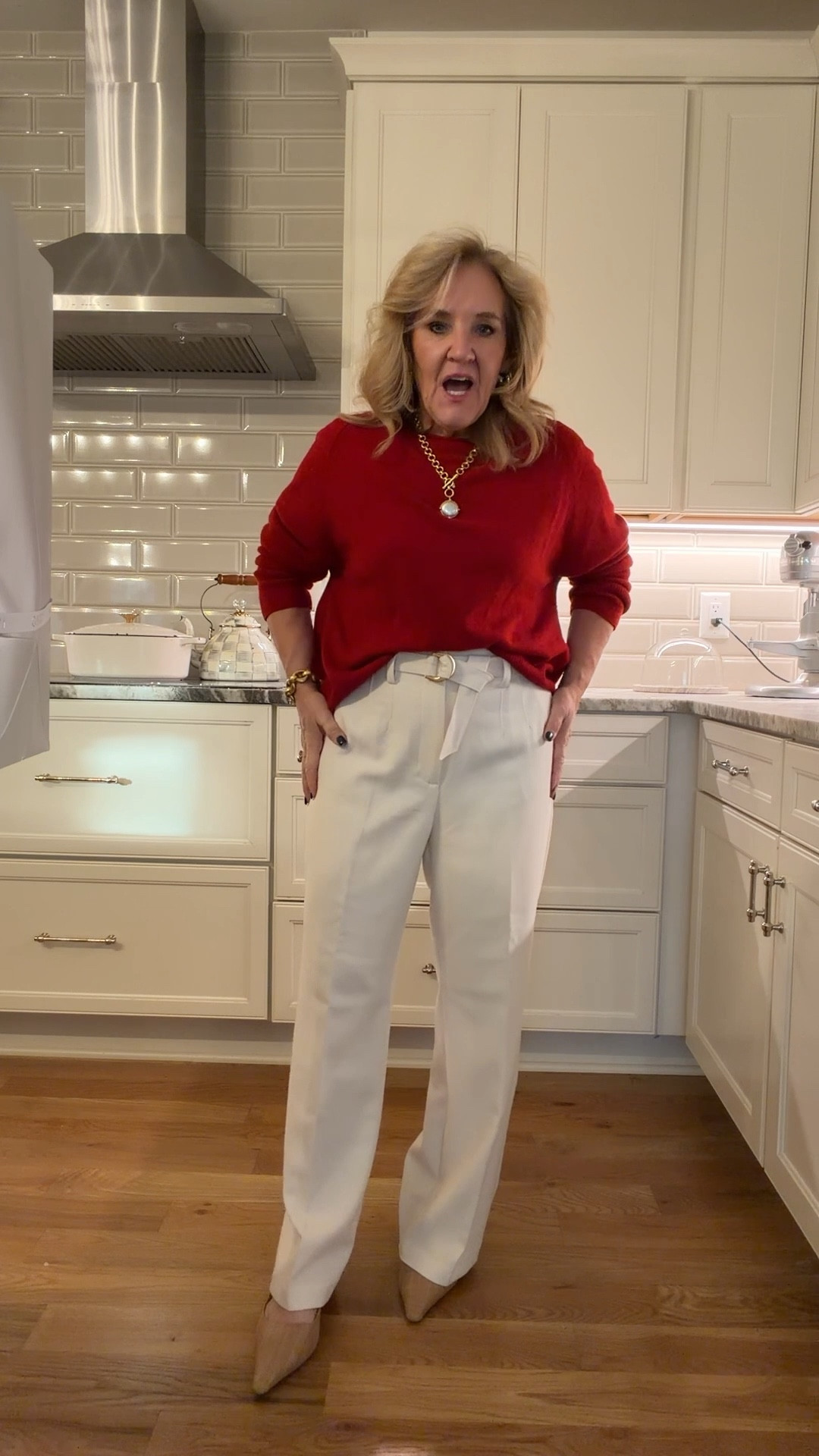 Merry Christmas Eve! 
Cashmere sweater size large for a dripper fit
Pants size 10 petite. I did not want this lightweight fabric tight over me. But I believe the petites are sold out. I will link some other winter white trousers, but if you’re not a petite, I definitely would not size up.
A couple of my favorite Julie vos pieces and my most worn slingbacks over the last couple of years. I do size up a half for more room in my toes.

New Year’s Eve outfit winter white red sweater

#LTKootd #LTKOver40 #LTKSaleAlert