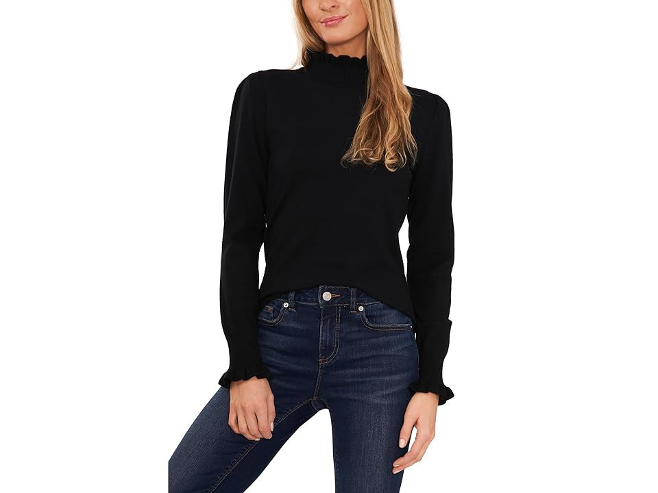 CeCe Mock Neck Ruffle Cuff Sweater Women's Clothing Rich Black : MD, Polyester/Spandex | Zappos
