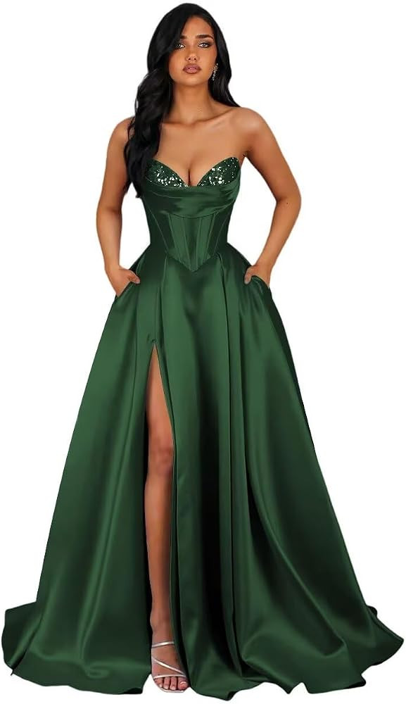 Strapless Sequin Prom Dresses Long with Slit Corset Satin Formal Party Dress AS015 | Amazon (US)