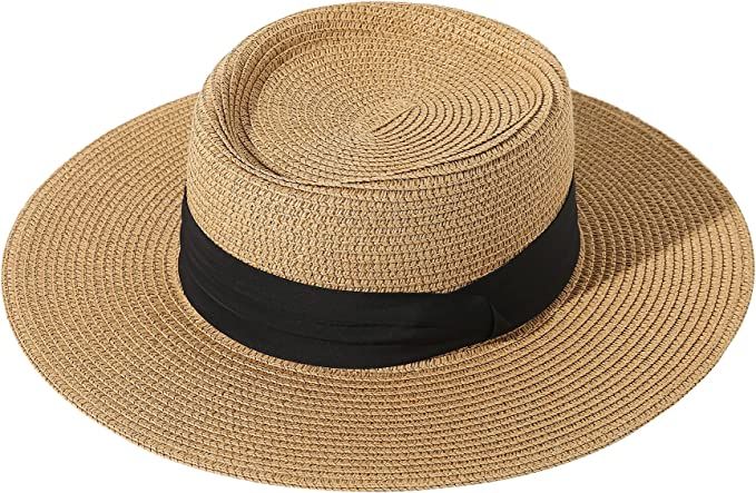 Lanzom UPF50+ Women Wide Brim Straw Panama Sun Hat Boater Summer Beach Sun Hat | Amazon (US)