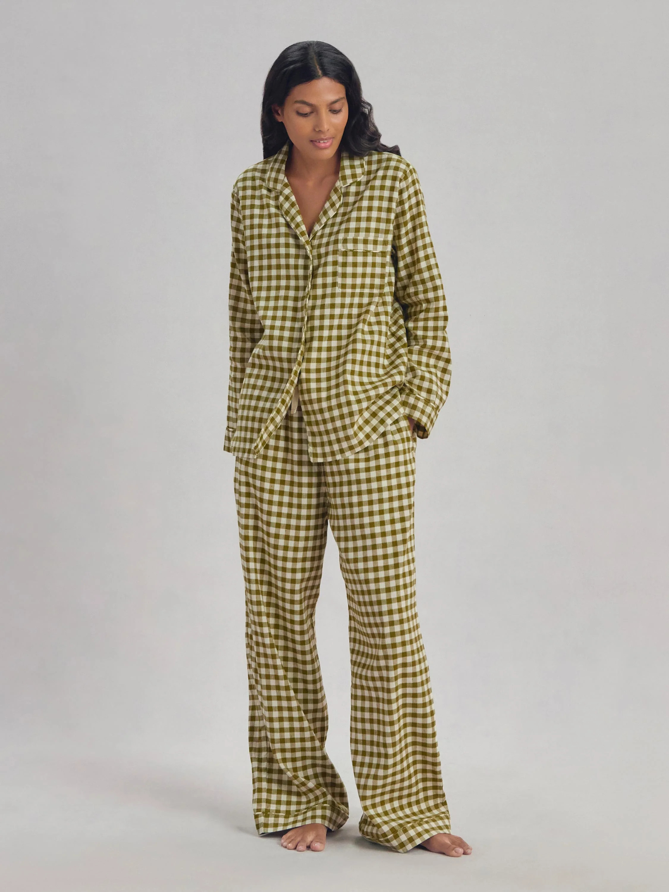 Botanical Green Gingham Linen Blend Pajama Set | Piglet