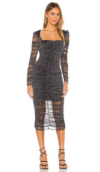 Zinnia Ruched Midi Dress in Black | Revolve Clothing (Global)