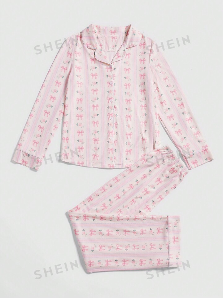 ROMWE Kawaii Allover Print Button Front PJ Set, School | SHEIN