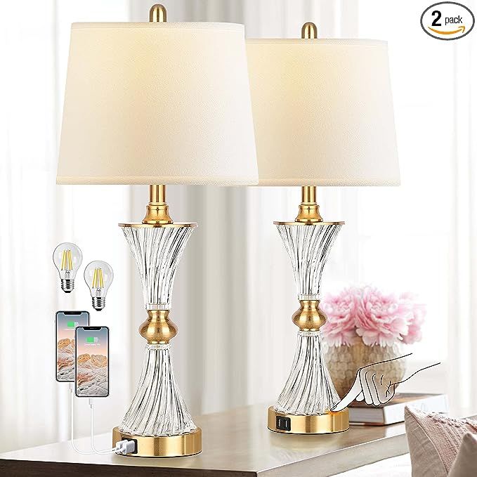 Touch Table Lamps for Bedroom Set of 2 Modern Living Room 3 Way Dimmable Gold Glass Bedside Night... | Amazon (US)