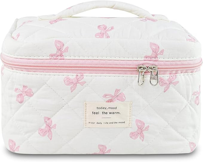 Makeup Bag, Quilted Bow Cosmetic Bag, Large Travel Aesthetic Make up Bag, Cute Coquette Toiletry ... | Amazon (US)