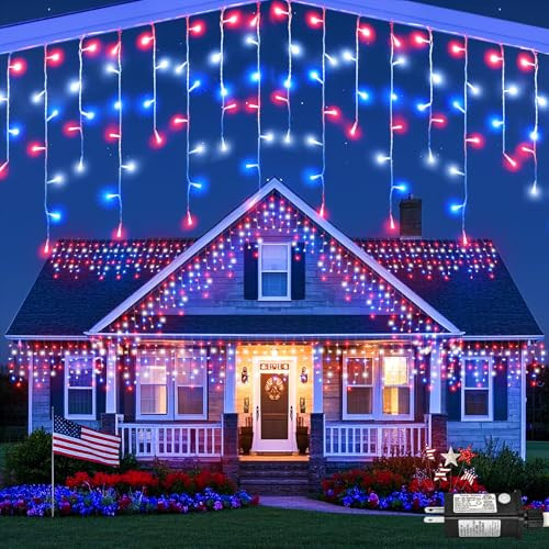 66ft 640LED Red White and Blue Lights for Christmas Decorations Outdoor Icicle Lights for Outside, Clear Wire Connectable Twinkle Light for House Party Holiday Patio Yard | Amazon (US)