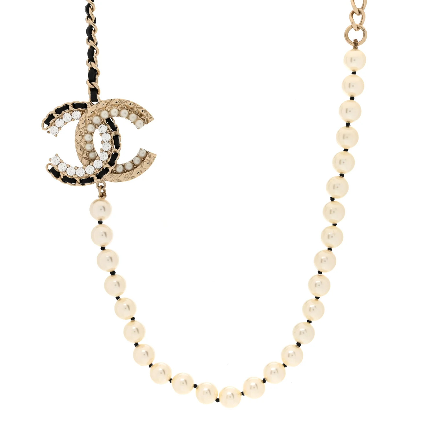Lambskin Pearl Crystal CC Short Necklace Gold White Black | FASHIONPHILE (US)
