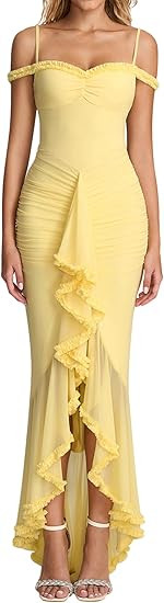 KUTUMAI Women Ruffle Bodycon Maxi Dress Ruched Long Formal Cocktail Wedding Guest Dresses | Amazon (US)