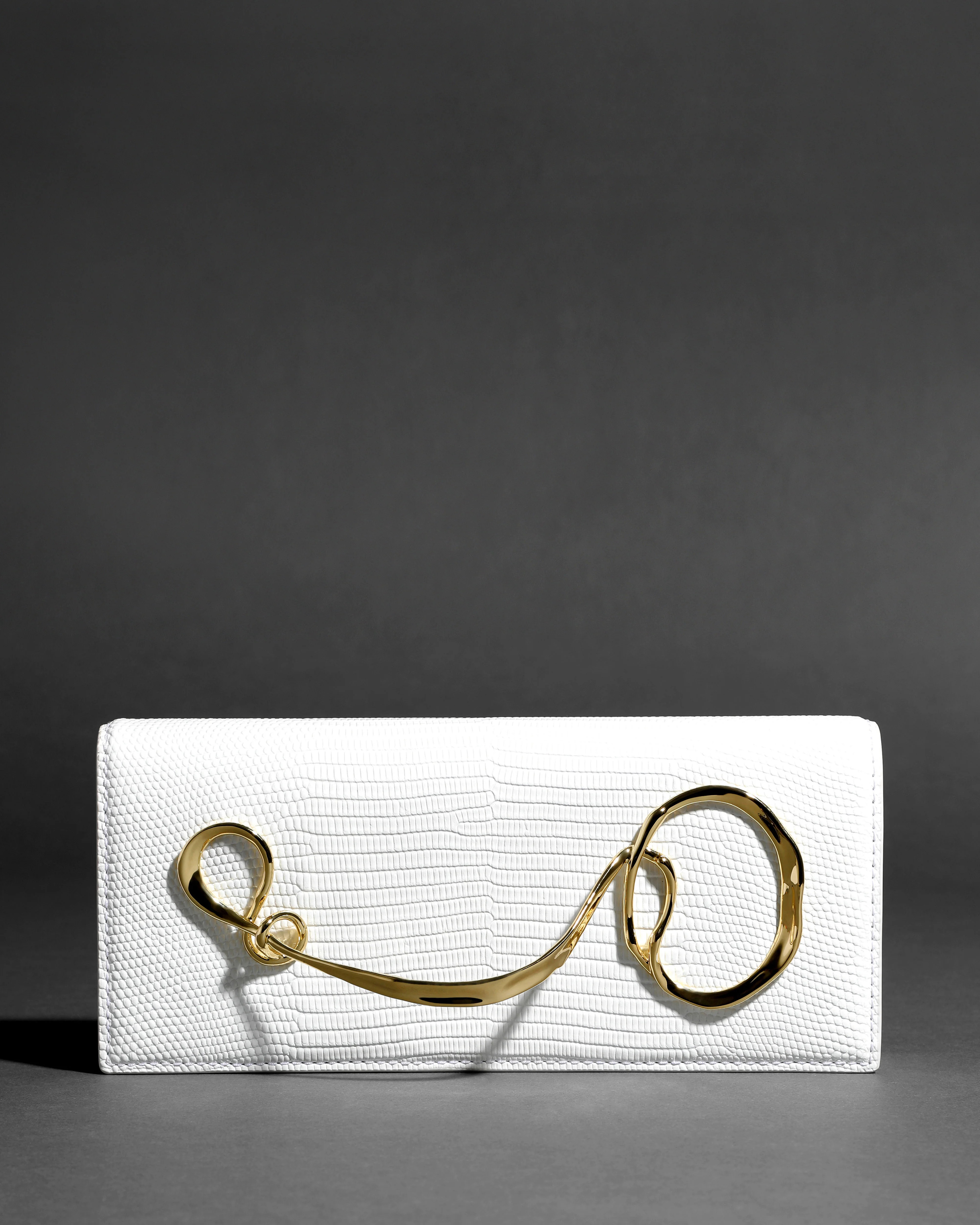 White Twisted Gold Side Handle Clutch Purse | White Lizard Leather Clutch | Alexis Bittar