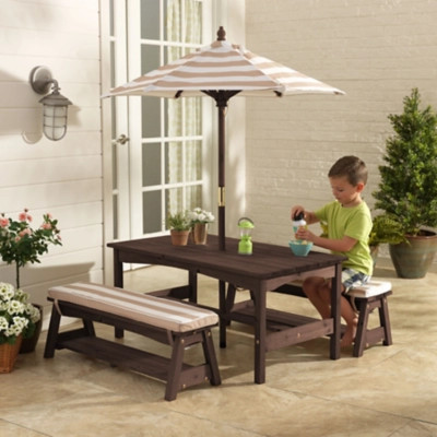 KidKraft Outdoor Wooden Table and Bench with Cushions and Umbrella, Espresso with Oatmeal and Whi... | Ashley