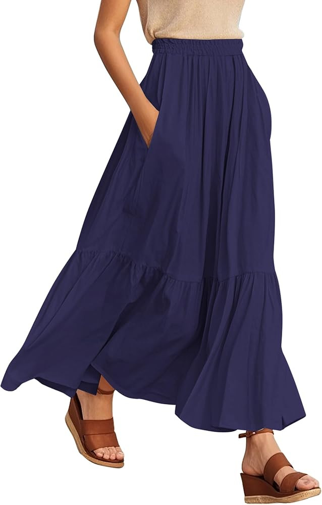 Urban CoCo Women's Boho Flowy Maxi Skirt Elastic Waisted A-Line Summer Beach Skirts with Pockets | Amazon (US)