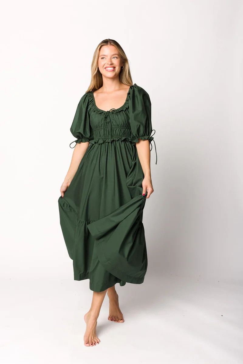 Crissy Ruched Midi Dress in Emerald Green - Bump Friendly | Worth Collective