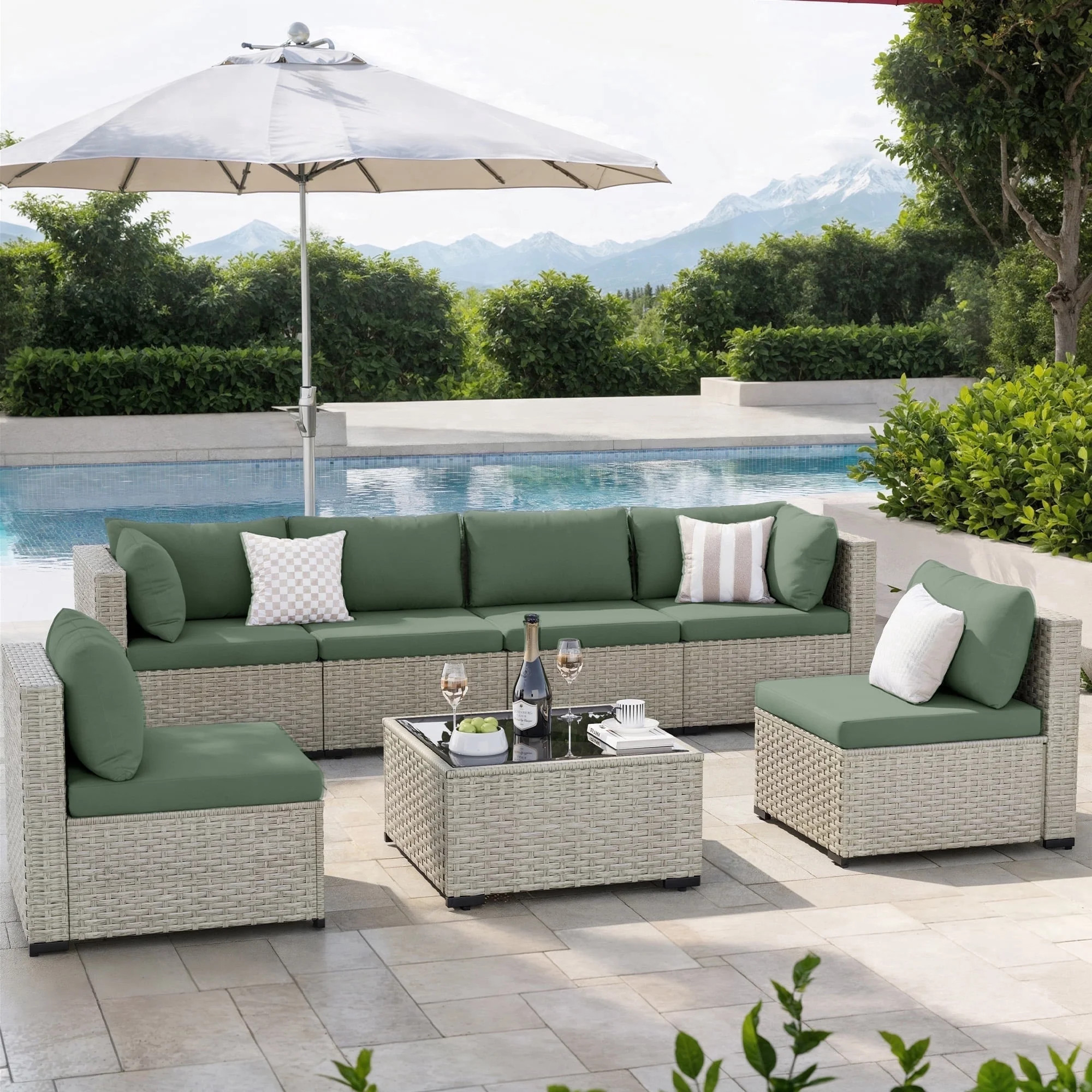 Amopatio 7 Pieces Patio Conversation Set, Outdoor Sectional PE Rattan Wicker Furniture Seat,GREEN | Walmart (US)