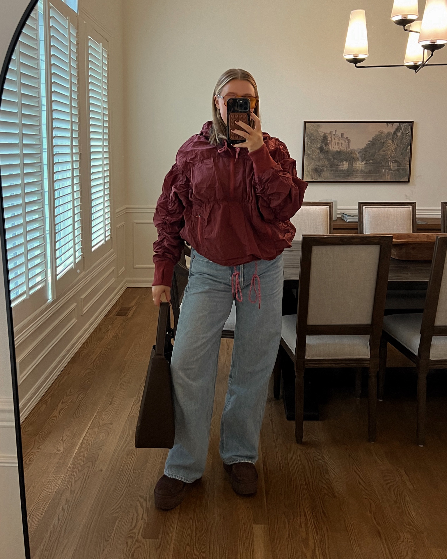 FP Movement tts M could size down tho it’s a bit loose! Size down 2 in jeans wearing 28. Love my platform uggs!! True to size 8 don’t size down  