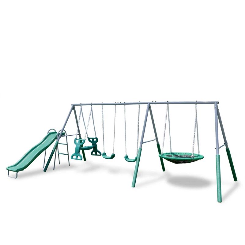 The Swing Company Rochester Metal Swing Set with Roman Glider Saucer Swing and 5' Slide | Wayfair North America