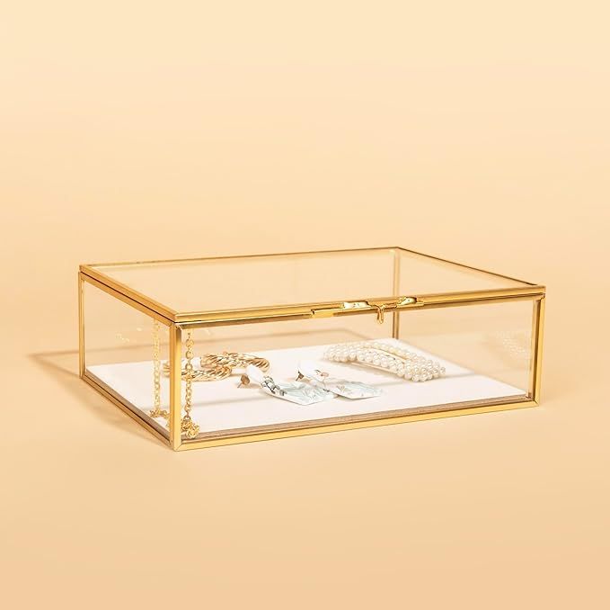 Hanna Roberts Glass Gold Metal with Chain and Velvet Bottom Jewelry Organizer Box | Card box for ... | Amazon (US)