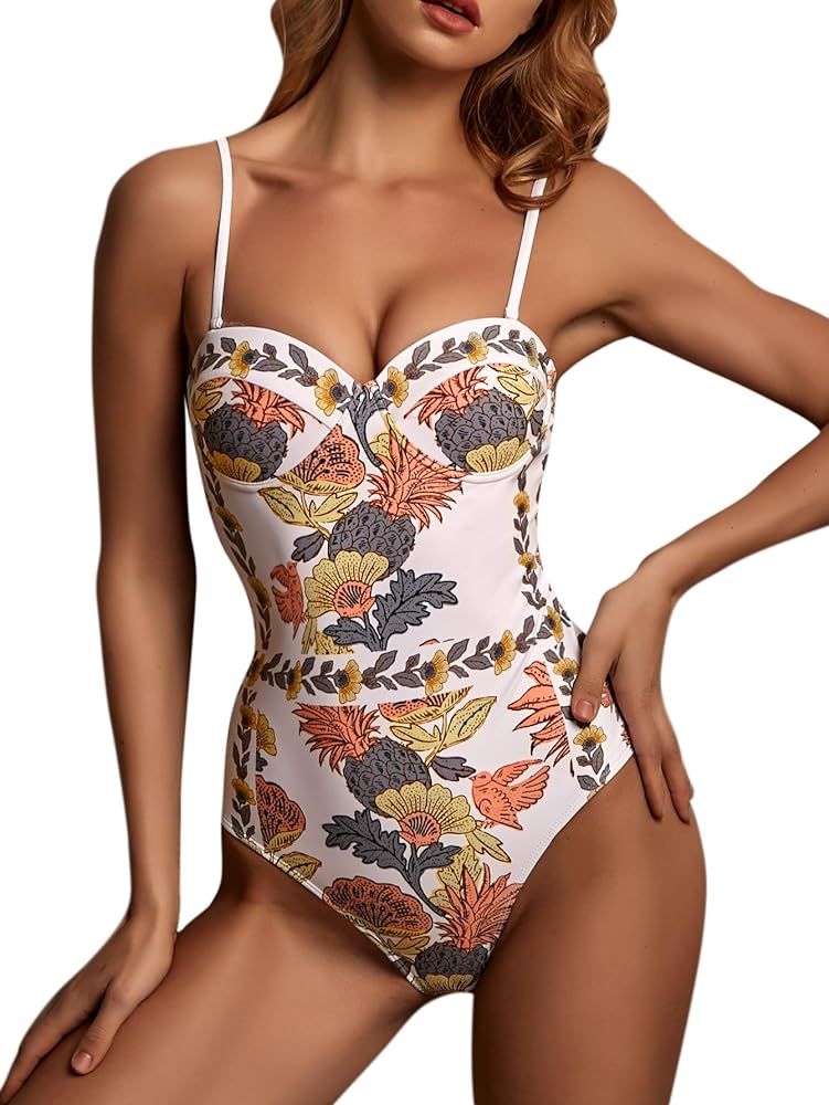 SOLY HUX Women's Spaghetti Strap Floral Print Monokini Bathing Suit One Piece Swimsuit | Amazon (US)