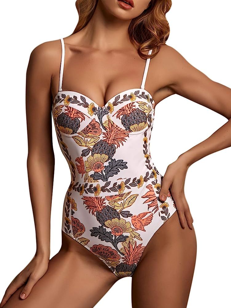 SOLY HUX Women's Spaghetti Strap Floral Print Monokini Bathing Suit One Piece Swimsuit | Amazon (US)