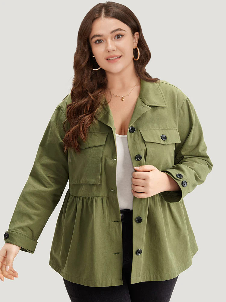Solid Gathered Button Through Pocket Jacket | Bloomchic